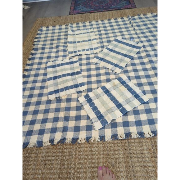 Tableclothw/ 4 Placemats Buffalo Check Country Blue White Fringed Square 58x58 - Picture 6 of 9